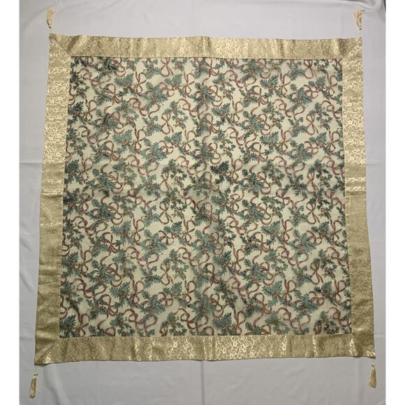Elegant Holiday Tablecloth 51" X 51" Sheer Gold Border Tassels Holly Christmas - Picture 1 of 11